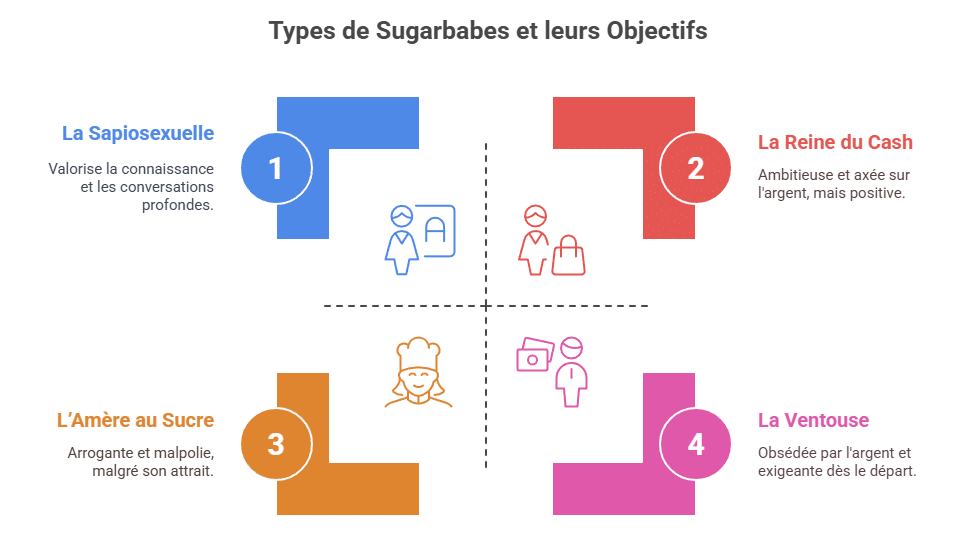 Infographie représentant les différents types de sugarbabes : la Reine du Cash, la Princesse de la Maison, la Fille Protégée, la Sapiosexuelle, Madame "Épouse-moi", ainsi que les profils toxiques à éviter (ventouse, joueuse, amère, requin). Conseils pour sugar daddys et compréhension des motivations des sugar babies dans le monde du sugar dating.