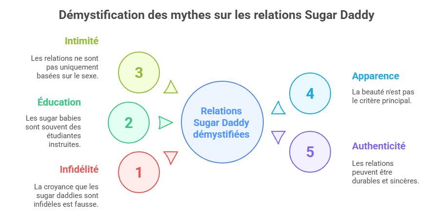 Infographie expliquant les 5 principaux mythes sur le monde du sugar dating en France : infidélité, éducation des sugarbabes, sexe obligatoire, stéréotype physique, et absence de relation réelle. Une réponse claire et nuancée aux préjugés courants sur les relations sugar daddy/sugar baby.