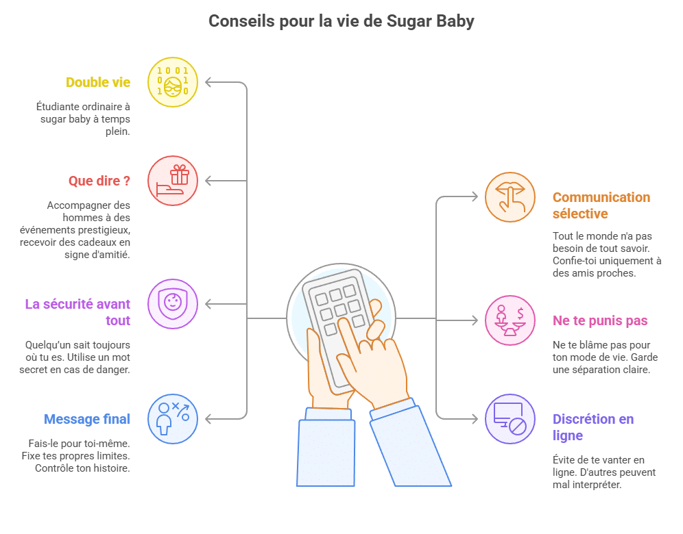 Infographie illustrée montrant comment parler de sa vie de sugar baby à ses amis et à sa famille : conseils de communication, gestion de la double vie, importance de la sécurité, discrétion sur les réseaux sociaux et affirmation de soi dans un style de vie sugar baby.