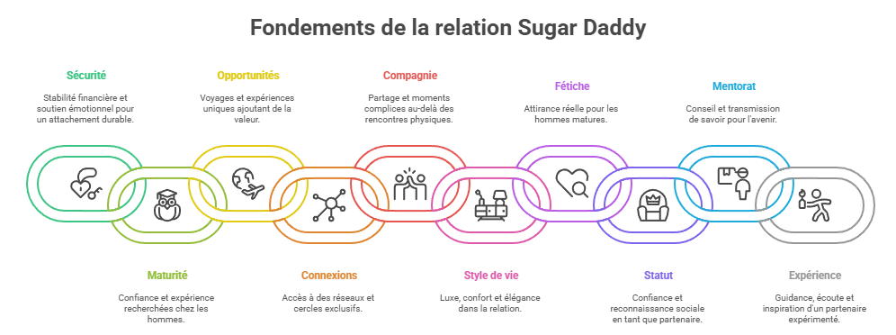 Infographie illustrant les 10 raisons pour lesquelles une sugarbaby choisit de rester avec un sugar daddy : sécurité financière, maturité, voyages, connexions, compagnie, style de vie luxueux, mentorat, statut social, expérience de vie et compatibilité émotionnelle. Guide visuel pour maintenir une relation SD/SB forte et durable.