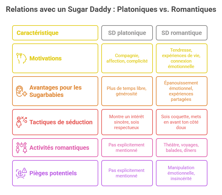 Infographie expliquant comment construire une relation romantique et platonique avec un sugar daddy : les caractéristiques des SD platoniques, les avantages pour les sugarbabies, les qualités à mettre en avant, les idées de rendez-vous romantiques et les signes à surveiller pour éviter les faux prétendants. Guide pour obtenir une romance sucrée authentique et respectueuse.