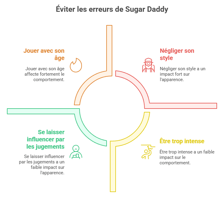 Infographie présentant les 4 erreurs typiques à éviter en tant que sugar daddy : vouloir paraître plus jeune, se montrer trop nerveux ou intense, négliger son apparence ou surjouer le style, et se laisser freiner par les jugements de la société. Guide visuel pour réussir ses rendez-vous avec des sugarbabys.