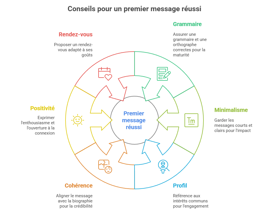 Infographie expliquant comment écrire le premier message parfait à une sugar baby : grammaire impeccable, format court et personnalisé, référence à son profil, ton positif, biographie cohérente et proposition de rendez-vous respectueuse. Guide visuel pour réussir la première impression dans le sugar dating.