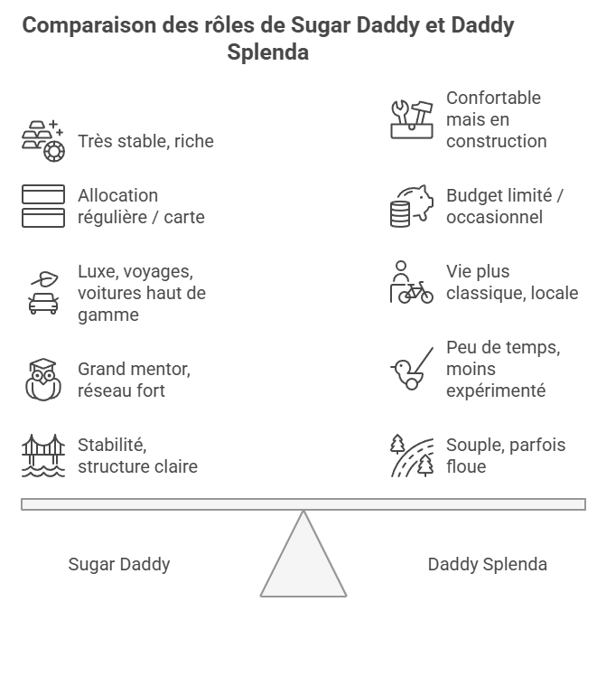 Infographie comparant le sugar daddy et le daddy Splenda : différences de situation financière, de style de vie, de soutien offert et d'expérience. Guide visuel pour reconnaître un daddy Splenda, un homme en ascension, avec moins de moyens mais une réelle volonté de partager et construire une relation avec une sugar baby.