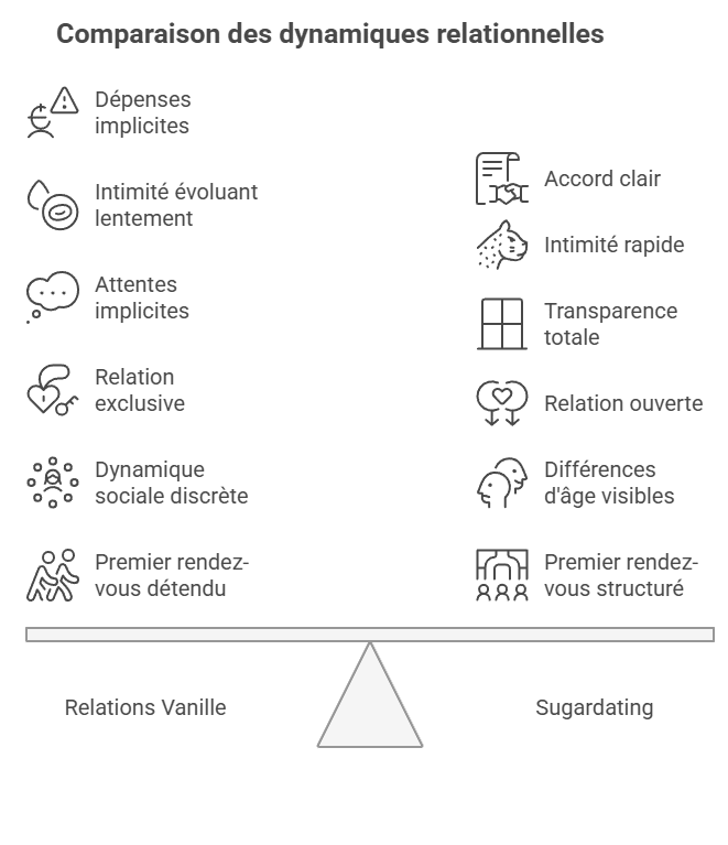 Infographie comparant les relations vanille et les relations de sugardating : différences d'accord, d'intimité, de communication, d'exclusivité, de dynamique sociale et de structure des rendez-vous. Guide visuel pour comprendre les spécificités de chaque type de relation et mieux choisir en fonction de ses attentes.