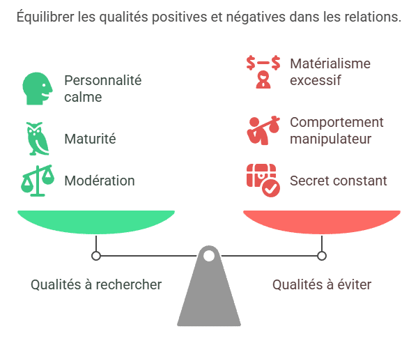 Infographie listant les qualités à rechercher et à éviter chez un sugar baby : personnalité calme, maturité et retenue à valoriser ; matérialisme, manipulation et comportements secrets à éviter. Guide visuel pour sugar daddys souhaitant construire une relation sugar saine, équilibrée et sans drame.
