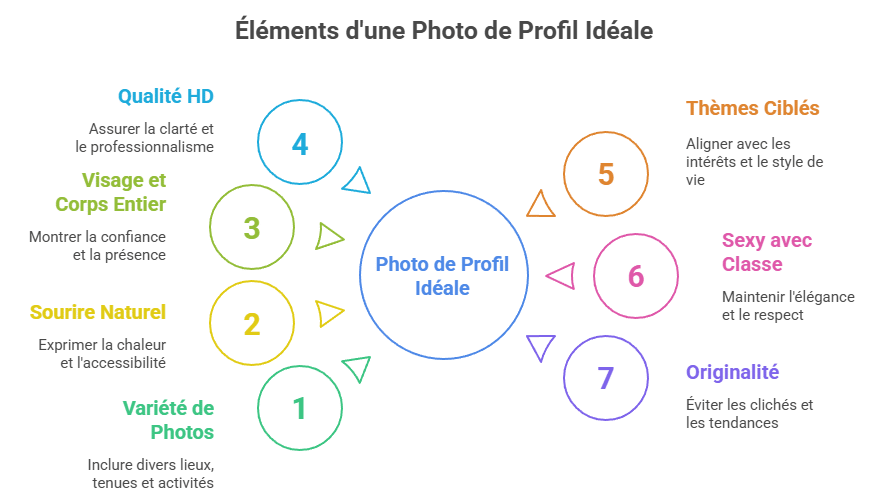 Infographie des meilleures pratiques pour les photos de profil d’une sugar baby : montrer son visage, sourire, qualité des images, diversité des contextes, éviter les clichés de groupe ou trop sexy.