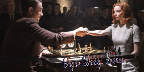 De la série Queen gambit woman serre la main de l'homme à la table d'échecs.
