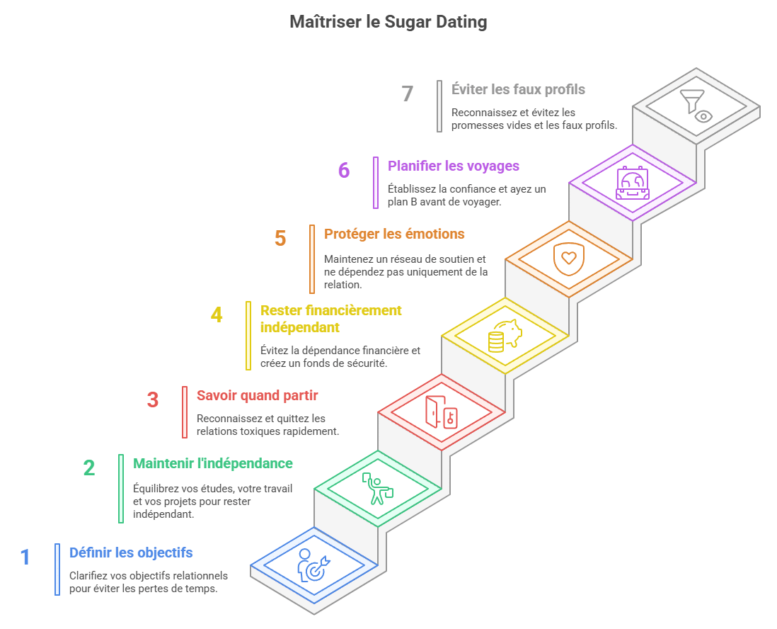 Infographie résumant les règles essentielles pour sugar babys et sugar daddys : définition des attentes, indépendance, gestion émotionnelle, prudence dans les voyages, et détection des faux profils. Guide visuel pour réussir dans le sugar dating de façon équilibrée, sécurisée et sereine.