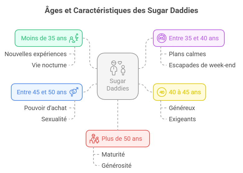 Infographie expliquant les tranches d’âge les plus fréquentes chez les sugar daddys : de moins de 35 ans à plus de 50 ans. Présente les caractéristiques, attentes et types de relation selon chaque tranche, ainsi que les raisons pour lesquelles la différence d’âge séduit dans le sugar dating.