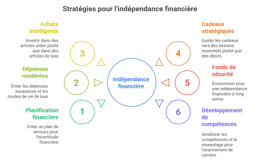 Infographie listant les stratégies financières pour sugar babys : éviter les dépenses excessives, épargner, demander intelligemment, utiliser le temps libre pour apprendre et se sécuriser. Guide visuel pour construire une autonomie durable dans le cadre d’un accord sugar.

