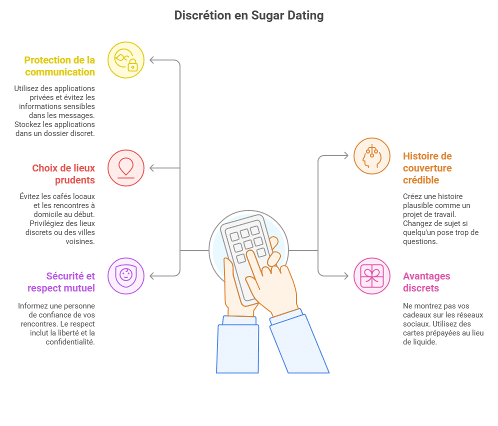 Infographie listant les meilleurs conseils de discrétion pour sugar daddys et sugar babys : protéger ses communications, établir une histoire de couverture, choisir des lieux sûrs, gérer discrètement les avantages et préserver la sécurité et le respect mutuel.