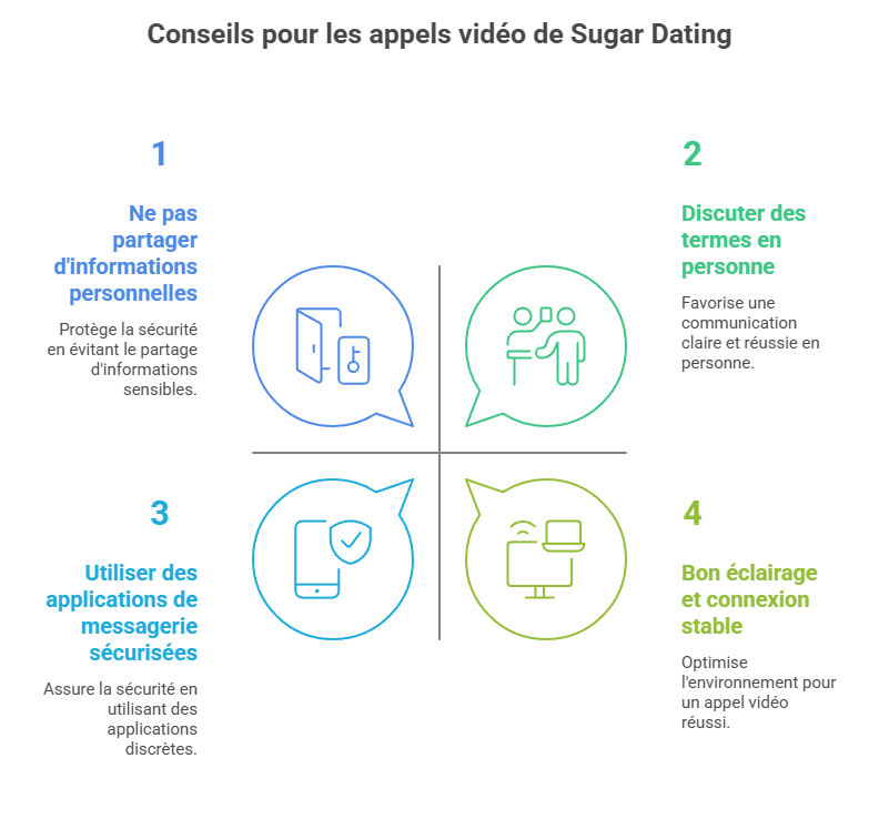 Infographie récapitulative des meilleures pratiques pour un appel vidéo dans le sugar dating : sécurité des données, durée idéale, attitude à adopter, environnement visuel et outils de messagerie privée pour garantir confidentialité et fluidité.