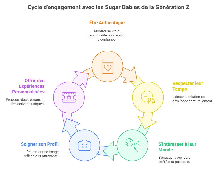 Infographie sur les sugar babys de la Génération Z : traits de personnalité, attentes dans les relations sugar, conseils pour sugar daddies, erreurs à éviter et stratégies pour construire un lien durable et authentique avec cette génération connectée et consciente.