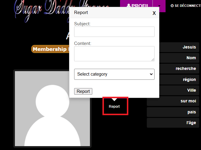 capture d'écran de la façon dont vous pouvez signaler un profil sur la plateforme.